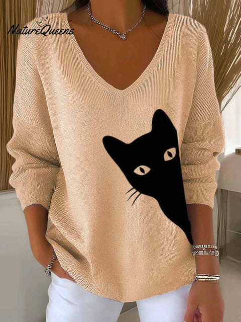 Women's Lovely Cat Art Print Casual Pullover Sweater
