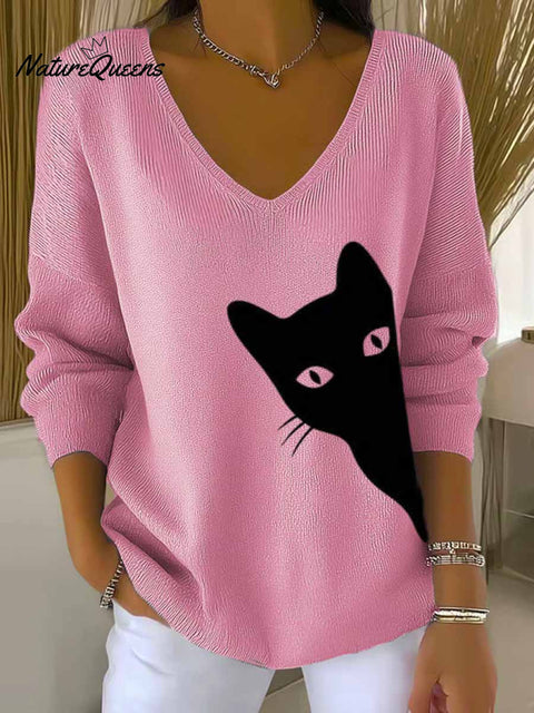 Women's Lovely Cat Art Print Casual Pullover Sweater