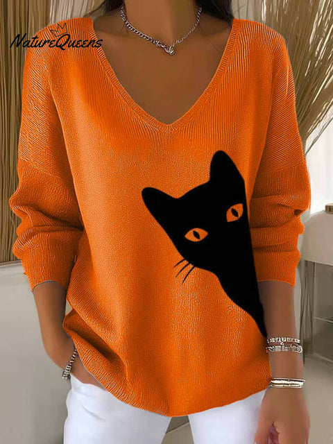 Women's Lovely Cat Art Print Casual Pullover Sweater
