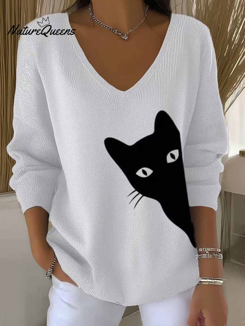 Women's Lovely Cat Art Print Casual Pullover Sweater