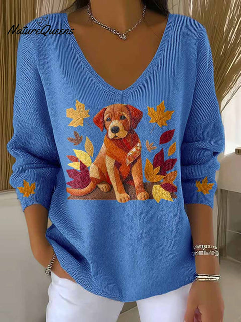 Women's Lovely Autumn Dog Art Print Casual Pullover Sweater