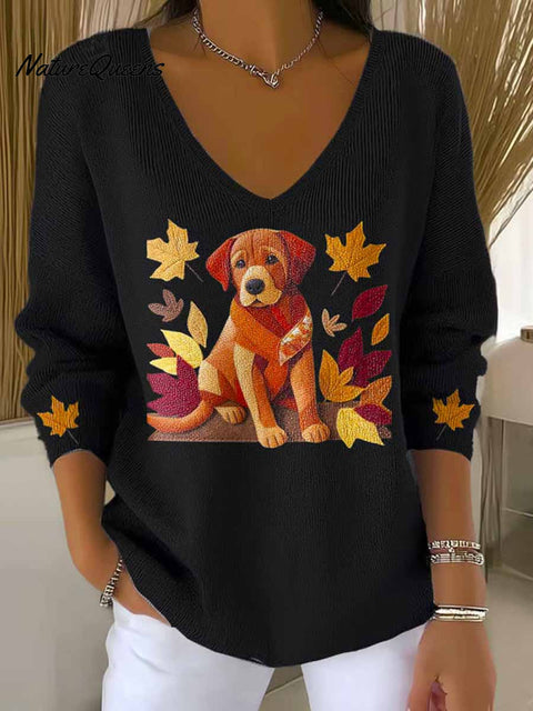 Women's Lovely Autumn Dog Art Print Casual Pullover Sweater