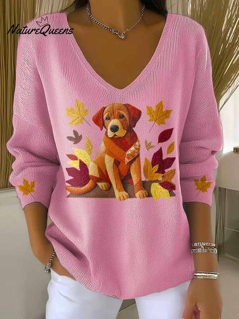 Women's Lovely Autumn Dog Art Print Casual Pullover Sweater