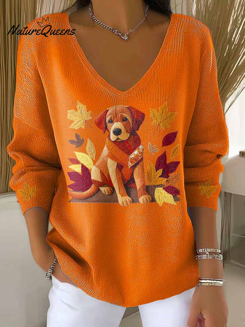 Women's Lovely Autumn Dog Art Print Casual Pullover Sweater