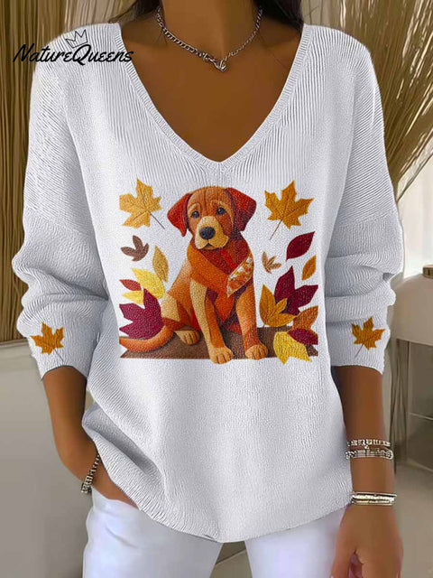 Women's Lovely Autumn Dog Art Print Casual Pullover Sweater