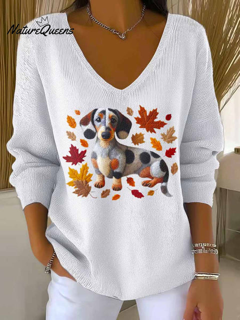 Women's Lovely Autumn Dog Art Print Casual Pullover Sweater