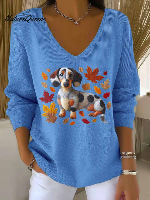 Women's Lovely Autumn Dog Art Print Casual Pullover Sweater