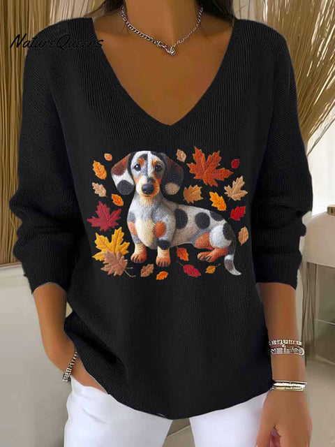 Women's Lovely Autumn Dog Art Print Casual Pullover Sweater