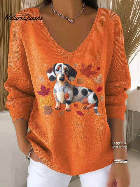 Women's Lovely Autumn Dog Art Print Casual Pullover Sweater