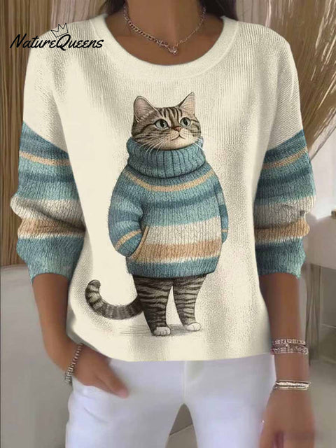 Funny Cat Art Print Knit Pullover Sweater