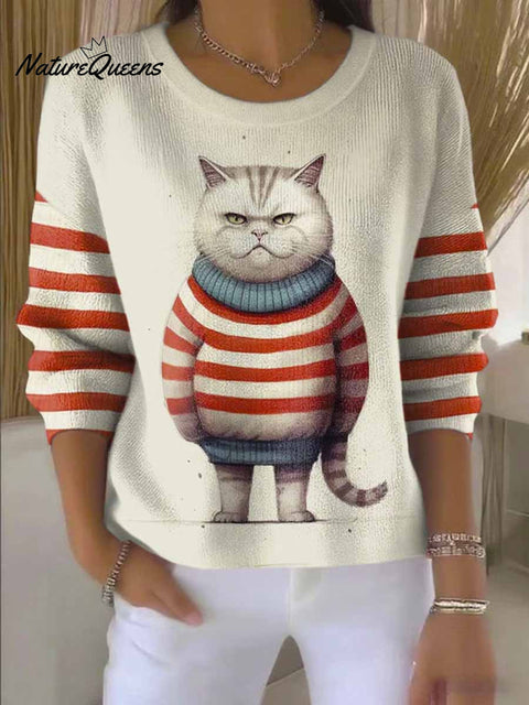 Funny Cat Art Print Knit Pullover Sweater