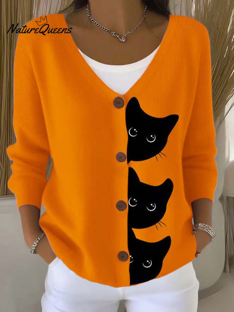 Funny Cats Art Print Buttoned V-neck Cardigan Sweater