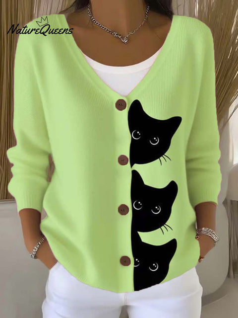 Funny Cats Art Print Buttoned V-neck Cardigan Sweater