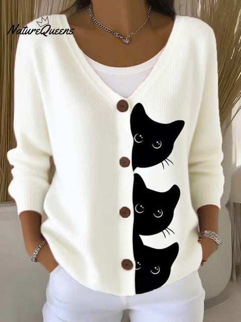 Funny Cats Art Print Buttoned V-neck Cardigan Sweater