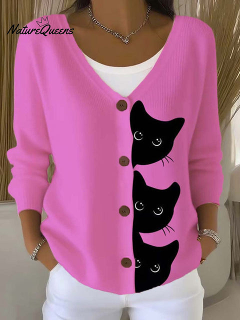Funny Cats Art Print Buttoned V-neck Cardigan Sweater