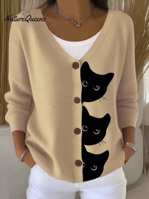 Funny Cats Art Print Buttoned V-neck Cardigan Sweater