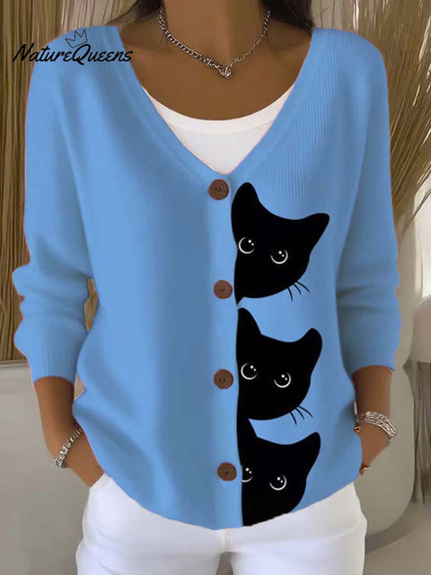 Funny Cats Art Print Buttoned V-neck Cardigan Sweater
