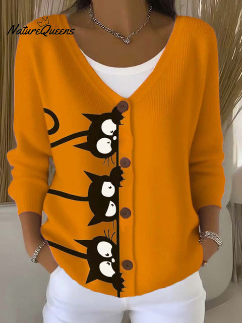 Funny Cats Art Print Buttoned V-neck Cardigan Sweater