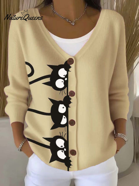 Funny Cats Art Print Buttoned V-neck Cardigan Sweater