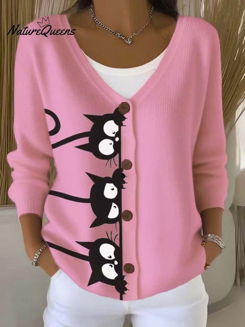 Funny Cats Art Print Buttoned V-neck Cardigan Sweater