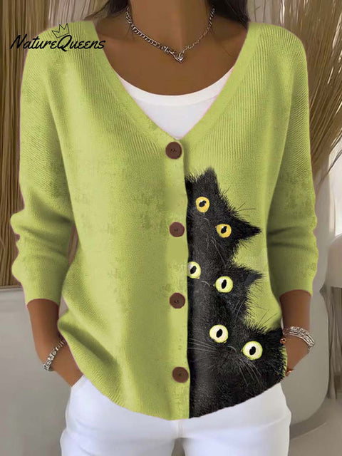 Funny Cats Art Print Buttoned V-neck Cardigan Sweater