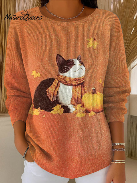 Women's Lovely Autumn Cat Art Print Casual Pullover Sweater