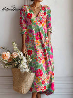 Women's Lovely Floral Art Print Casual Cotton And Linen Pocket Dress