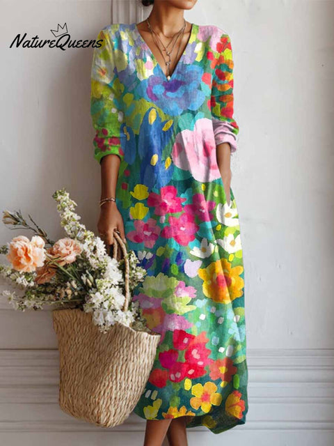 Women's Lovely Floral Art Print Casual Cotton And Linen Pocket Dress