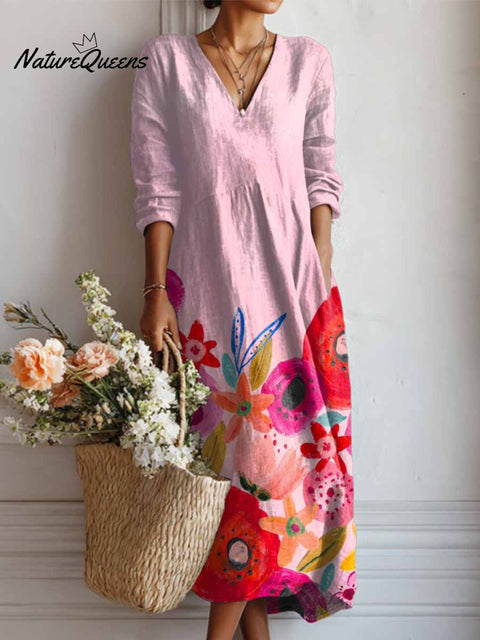 Women's Lovely Floral Art Print Casual Cotton And Linen Pocket Dress