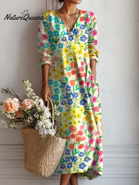 Women's Lovely Floral Art Print Casual Cotton And Linen Pocket Dress