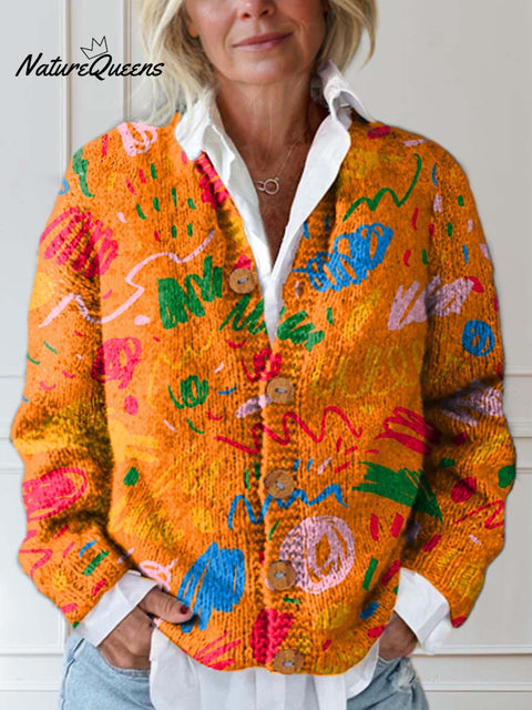 Women's Abstract Pattern Art Print Buttoned Cardigan Sweater