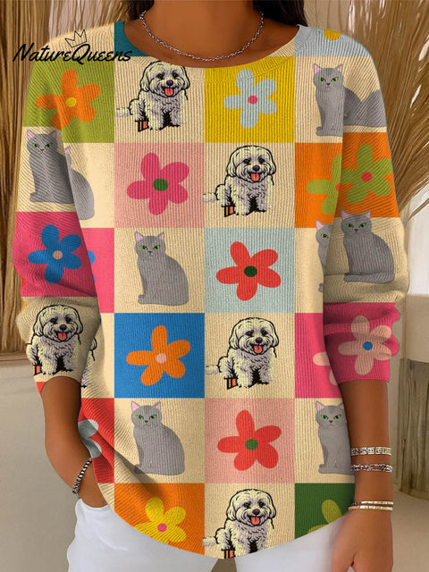 Women's Funny Dogs Cats Art Print Casual Pullover Sweater