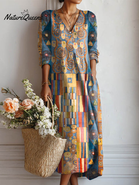 Women's Geometric Pattern Art Print Casual Cotton Linen Pocket Dress