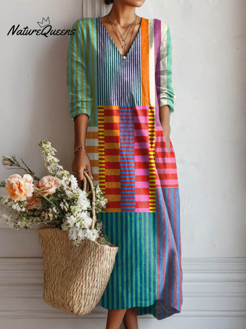 Women's Geometric Pattern Art Print Casual Cotton Linen Pocket Dress