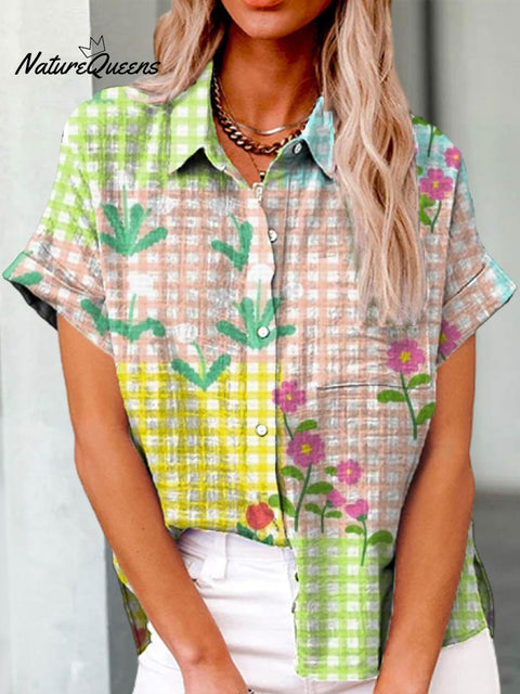 Women's Floral Plaid Pattern Art Print Casual Cotton Shirt