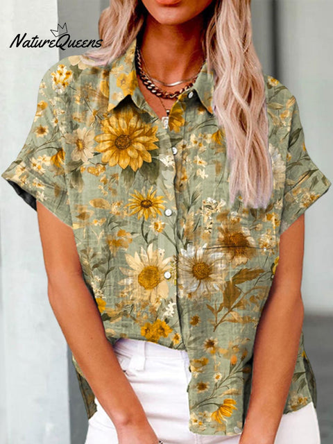 Women's Floral Pattern Art Print Casual Cotton Shirt