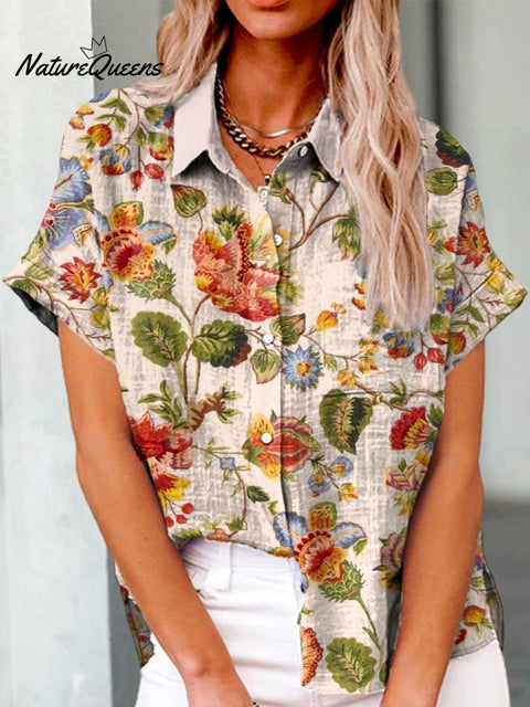 Women's Floral Pattern Art Print Casual Cotton Shirt
