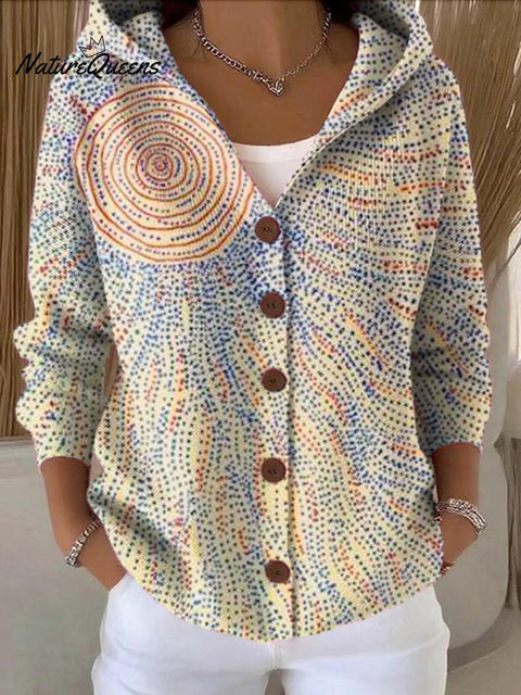 Women's Abstract Pattern Art Printed Casual Hooded Button Sweater