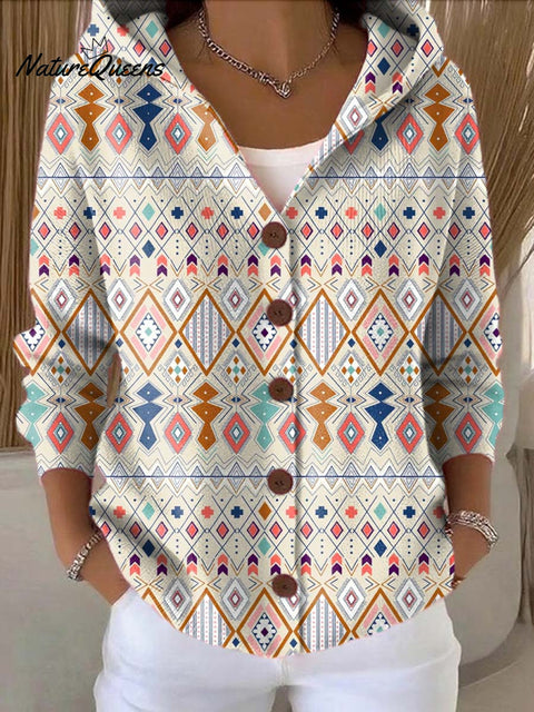 Women's Ethnic Pattern Art Printed Casual Hooded Button Sweater