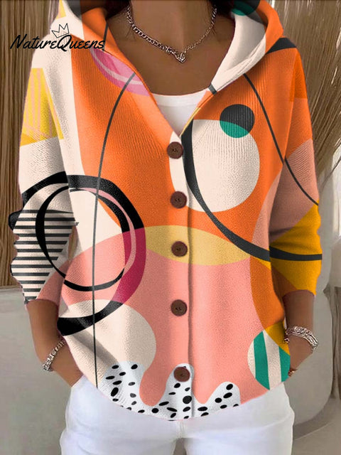 Women's Geometric Pattern Art Printed Casual Hooded Button Sweater