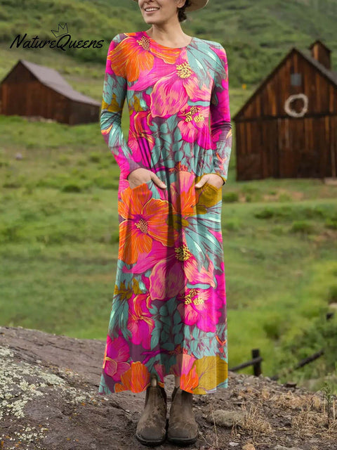 Women's Retro Floral Pattern Art Print Long-sleeved Dress
