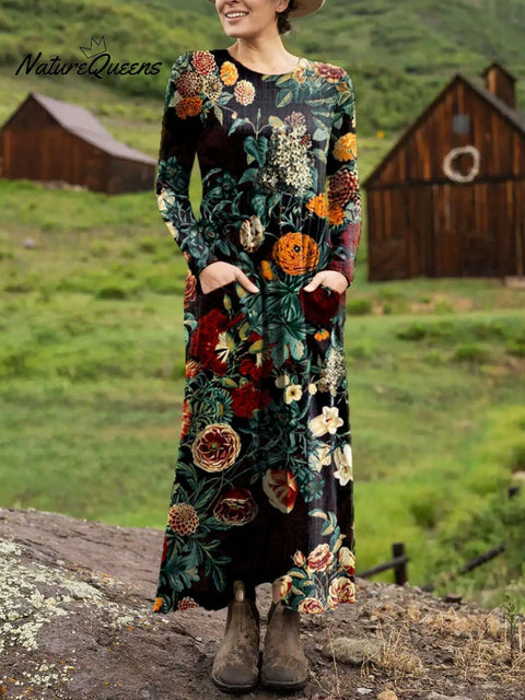 Women's Retro Floral Pattern Art Print Long-sleeved Dress