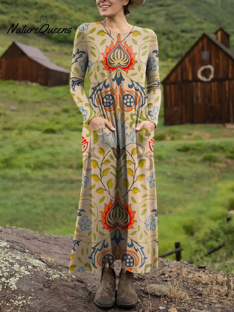 Women's Retro Floral Pattern Art Print Long-sleeved Dress