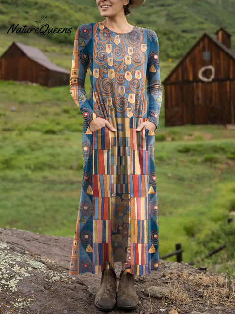 Women's Geometric Pattern Art Print Long-sleeved Dress