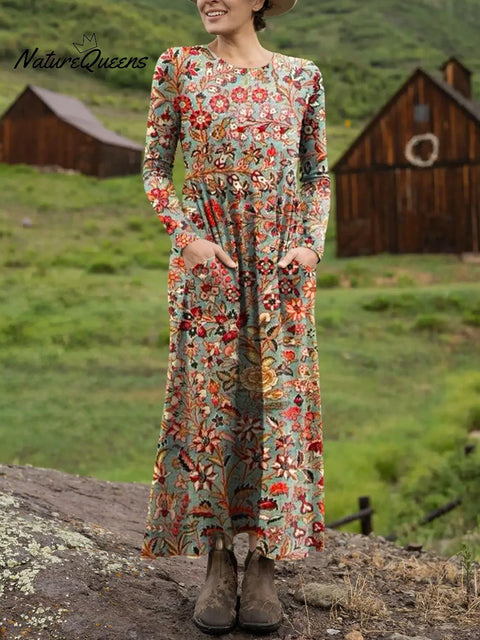 Women's Retro Floral Pattern Art Print Long-sleeved Dress