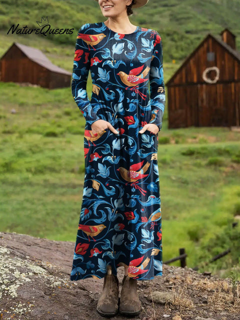 Women's Retro Floral Birds Pattern Art Print Long-sleeved Dress