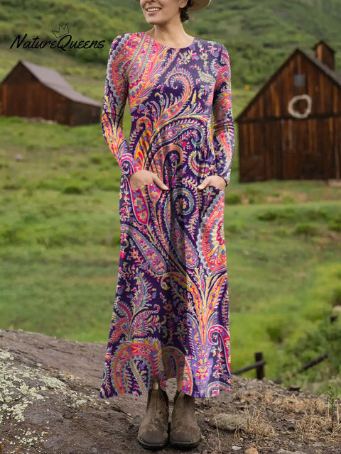 Women's Retro Floral Pattern Art Print Long-sleeved Dress
