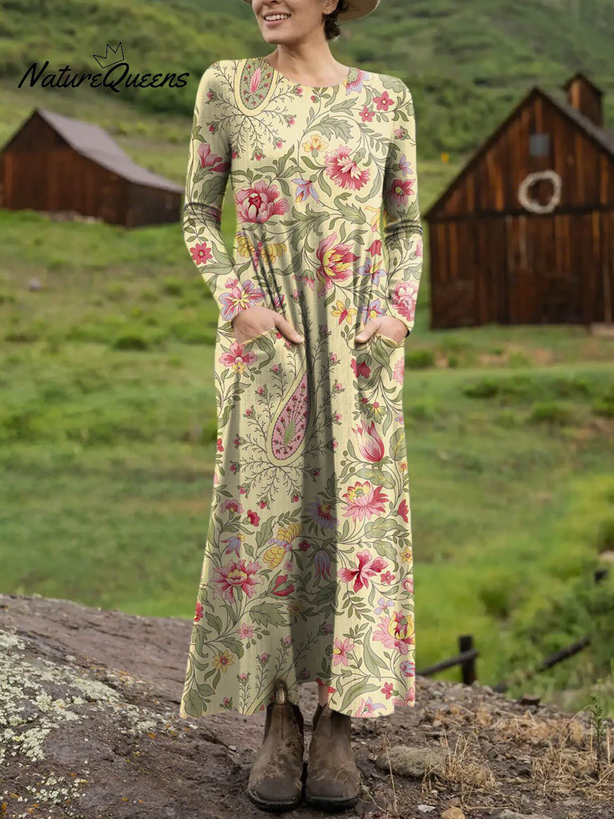 Women's Retro Floral Pattern Art Print Long-sleeved Dress