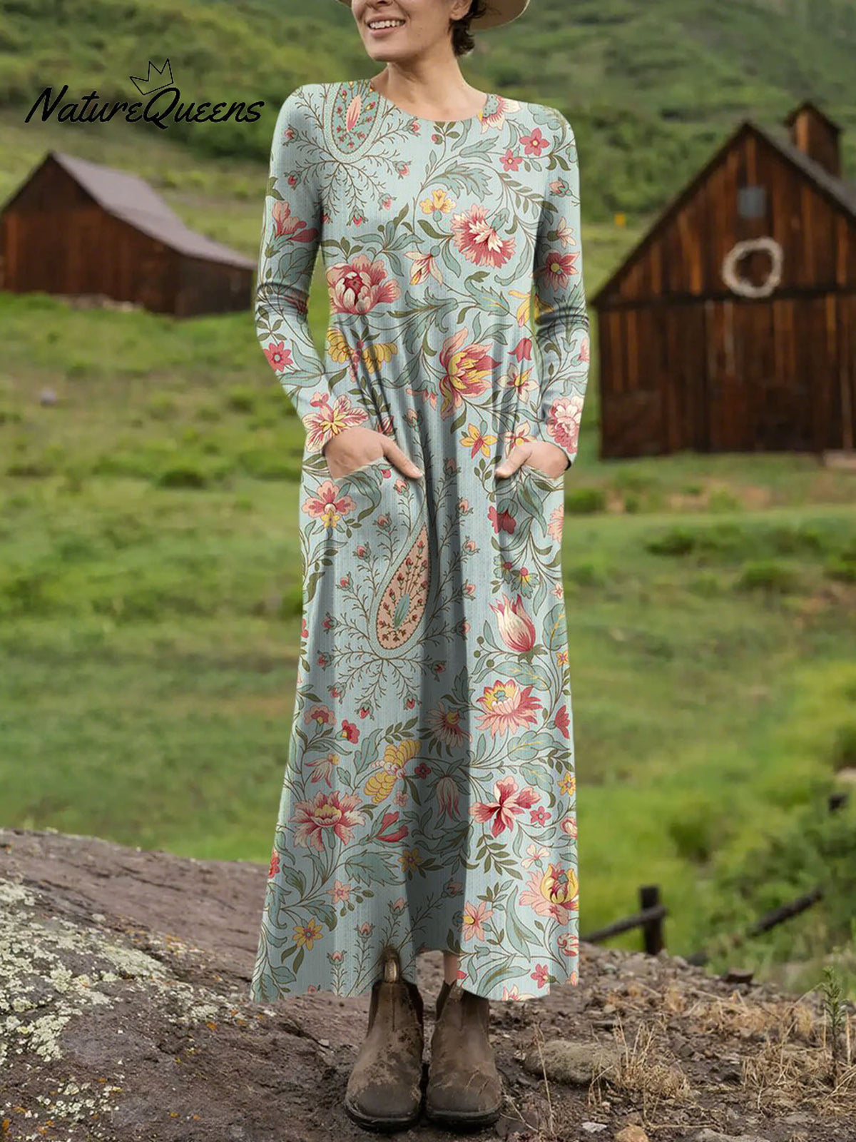 Women's Retro Floral Pattern Art Print Long-sleeved Dress