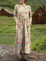 Women's Retro Floral Pattern Art Print Long-sleeved Dress